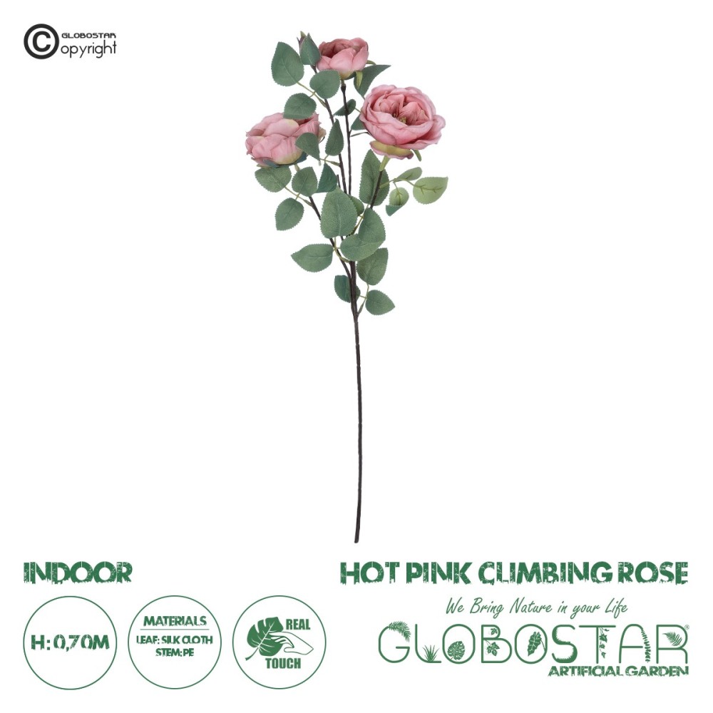 GloboStar® Artificial Garden HOT PINK CLIMBING ROSE BRANCH 21185 Τεχνητό Διακοσμητικό Κλαδί Τριαντάφυλλο Έντονο Ροζ Y70cm